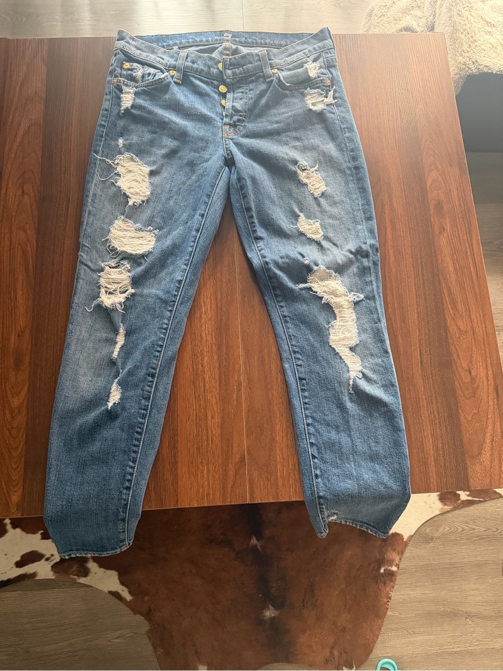 7 For All Mankind Medium Blue Distressed Boyfriend Jeans